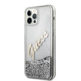 Guess Glitter Vintage Script dėklas, skirtas iPhone 12 Pro Max – sidabrinis