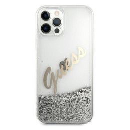 Guess Glitter Vintage Script dėklas, skirtas iPhone 12 Pro Max – sidabrinis