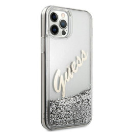 Guess Glitter Vintage Script dėklas, skirtas iPhone 12 Pro Max – sidabrinis