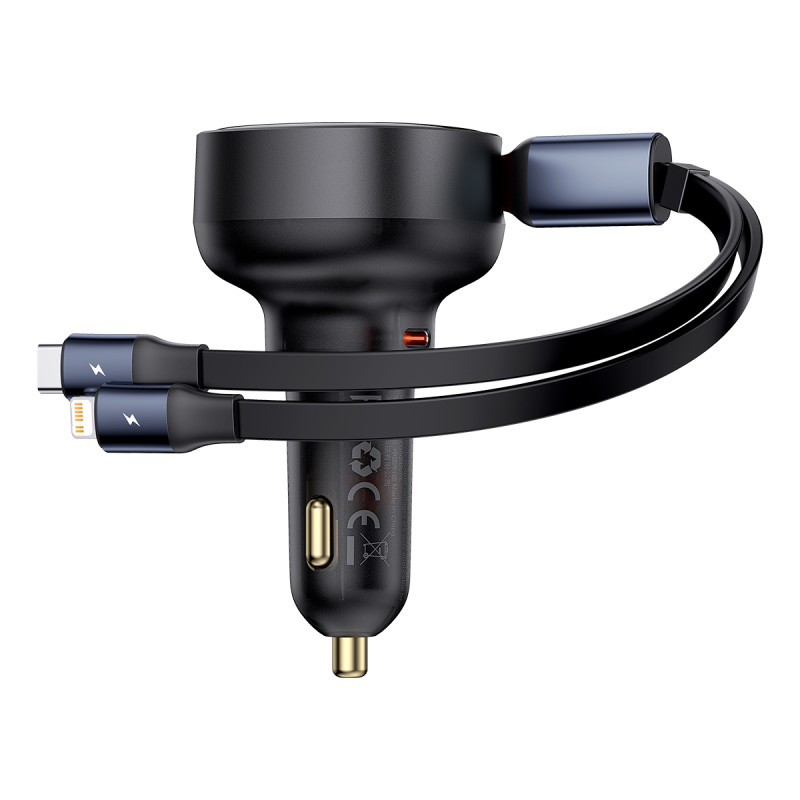 Baseus Enjoyment USB-C automobilinis įkroviklis su USB-C / Lightning 60W laidu - juodas