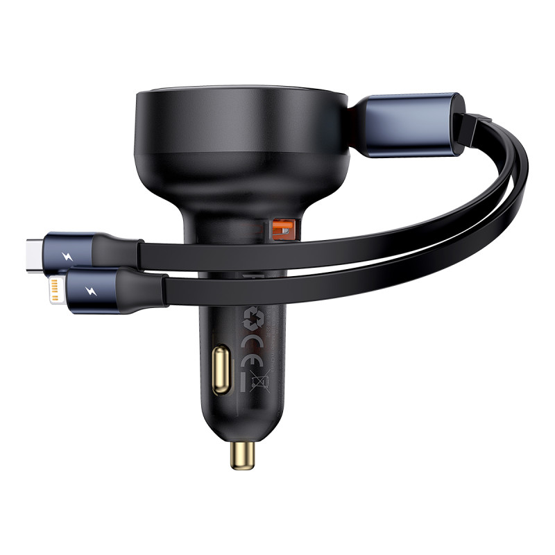 Baseus Enjoyment USB-A automobilinis įkroviklis su USB-C / Lightning 60W laidu - juodas