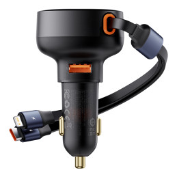Baseus Enjoyment USB-A automobilinis įkroviklis su USB-C / Lightning 60W laidu - juodas