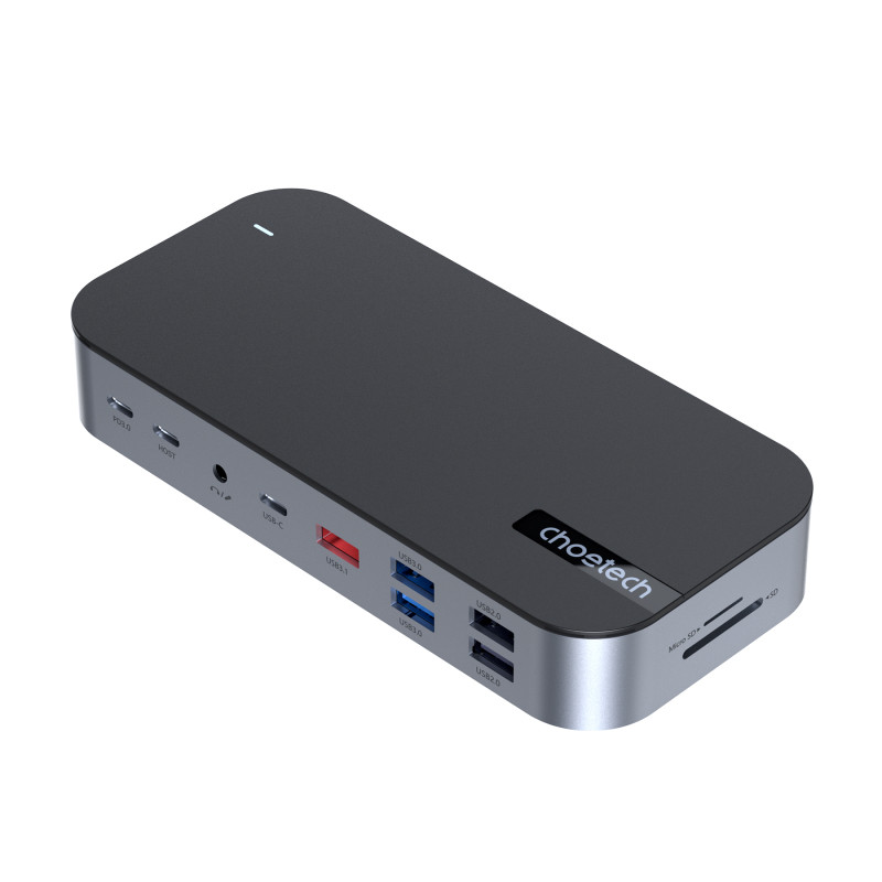 Choetech M52 USB-C HUB – USB-C PD/ USB-C/ USB-A/ HDMI/ VGA/ DP/ SD/ TF/ RJ45/ AUX – pilka