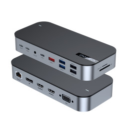 Choetech M52 USB-C HUB – USB-C PD/ USB-C/ USB-A/ HDMI/ VGA/ DP/ SD/ TF/ RJ45/ AUX – pilka