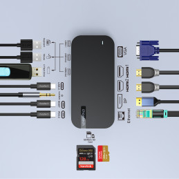 Choetech M52 USB-C HUB – USB-C PD/ USB-C/ USB-A/ HDMI/ VGA/ DP/ SD/ TF/ RJ45/ AUX – pilka