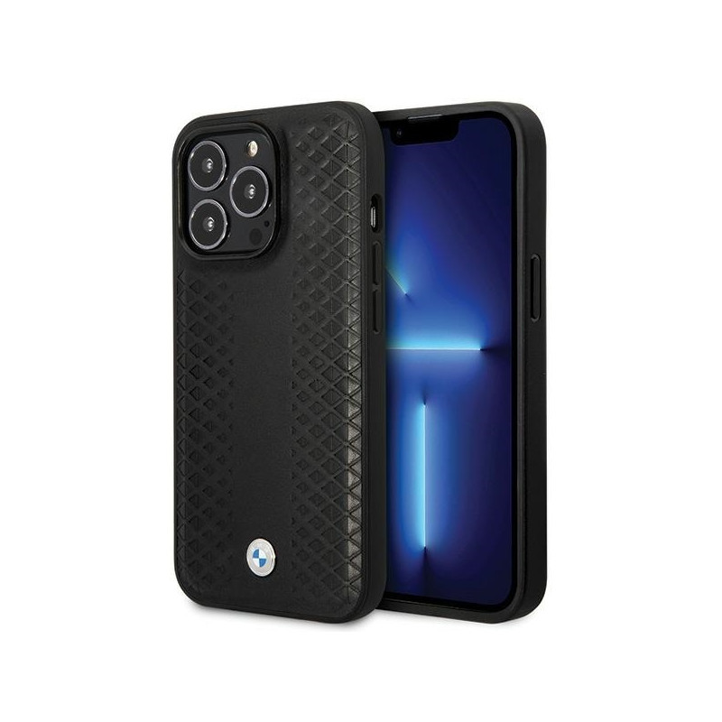BMW Leather Diamond Pattern dėklas iPhone 14 Pro - juodas
