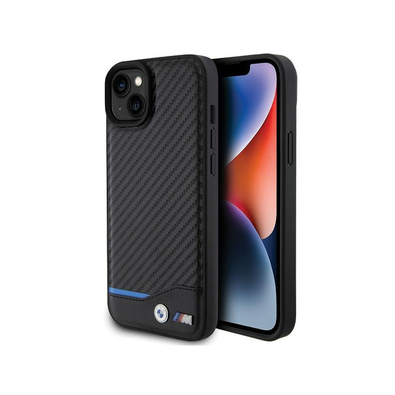 BMW Leather Carbon dėklas iPhone 15 Plus - juodas