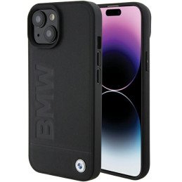 BMW Leather Hot Stamp dėklas iPhone 15 Plus - juodas