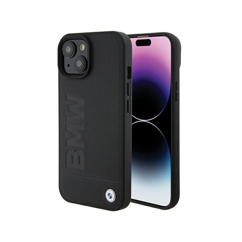 BMW Leather Hot Stamp dėklas iPhone 15 Plus - juodas