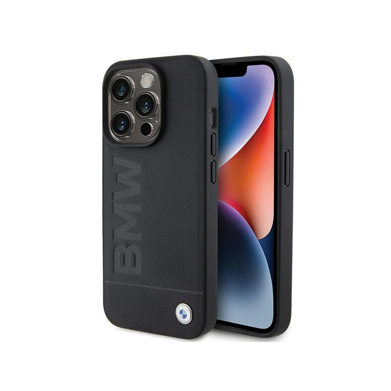 BMW MagSafe Leather Hot Stamp dėklas iPhone 15 Pro - juodas