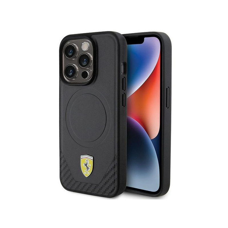 Ferrari Carbon Metal Logo MagSafe dėklas iPhone 15 Pro - juodas