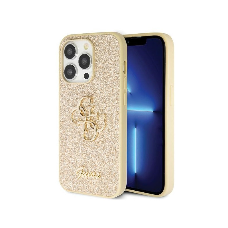 Guess Glitter Script Big 4G dėklas, skirtas iPhone 14 Pro - auksinis