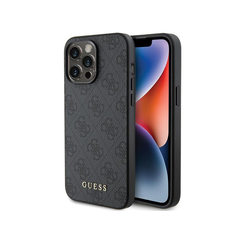 Guess 4G Metal Gold Logo dėklas, skirtas iPhone 15 Pro - pilkas