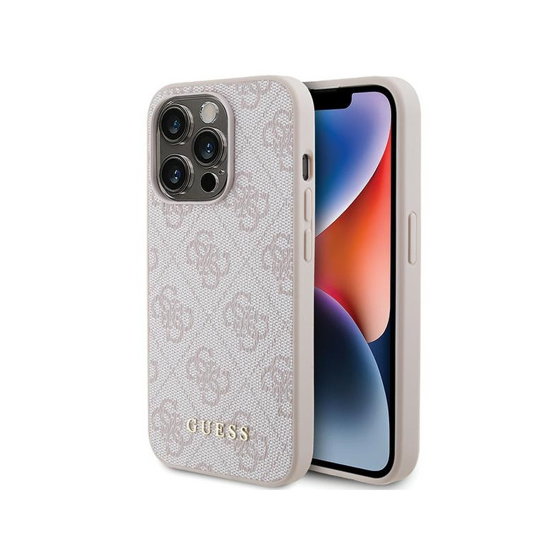 Guess 4G Metal Gold Logo dėklas, skirtas iPhone 15 Pro - rožinis