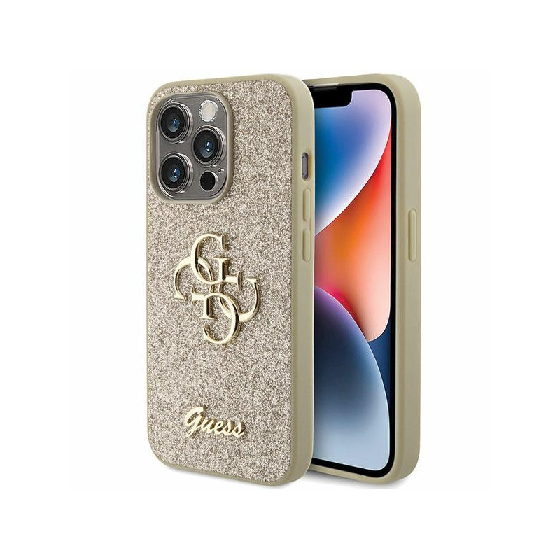 Guess Glitter Script Big 4G dėklas iPhone 15 Pro - auksinis