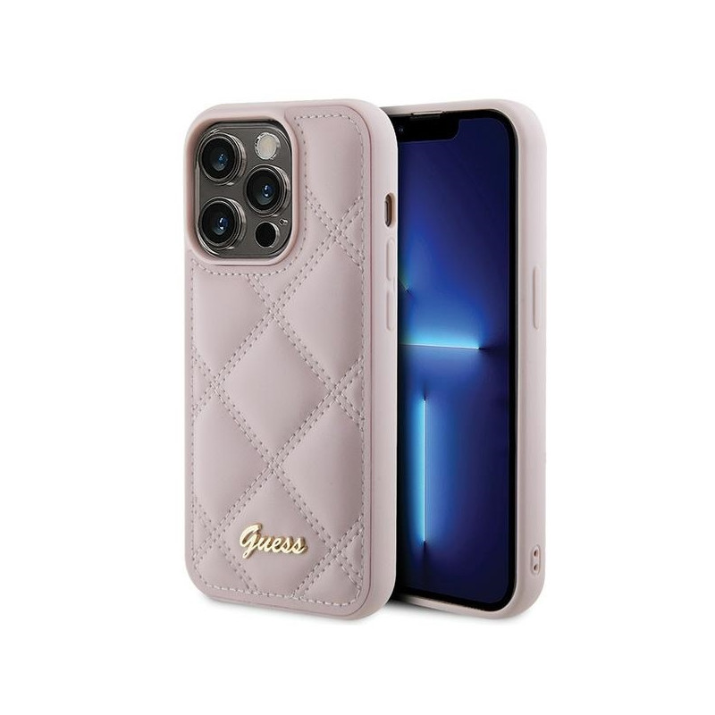 Guess Quilted Metal Logo dėklas, skirtas iPhone 15 Pro - rožinis