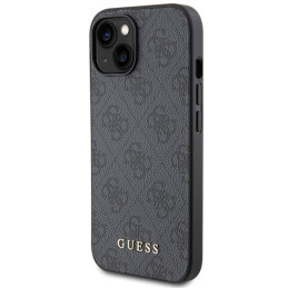 Guess 4G Metal Gold Logo dėklas, skirtas iPhone 15 Plus - pilkas