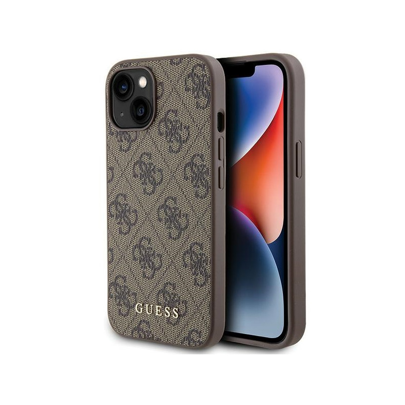 Guess 4G Metal Gold Logo dėklas iPhone 15 - rudas