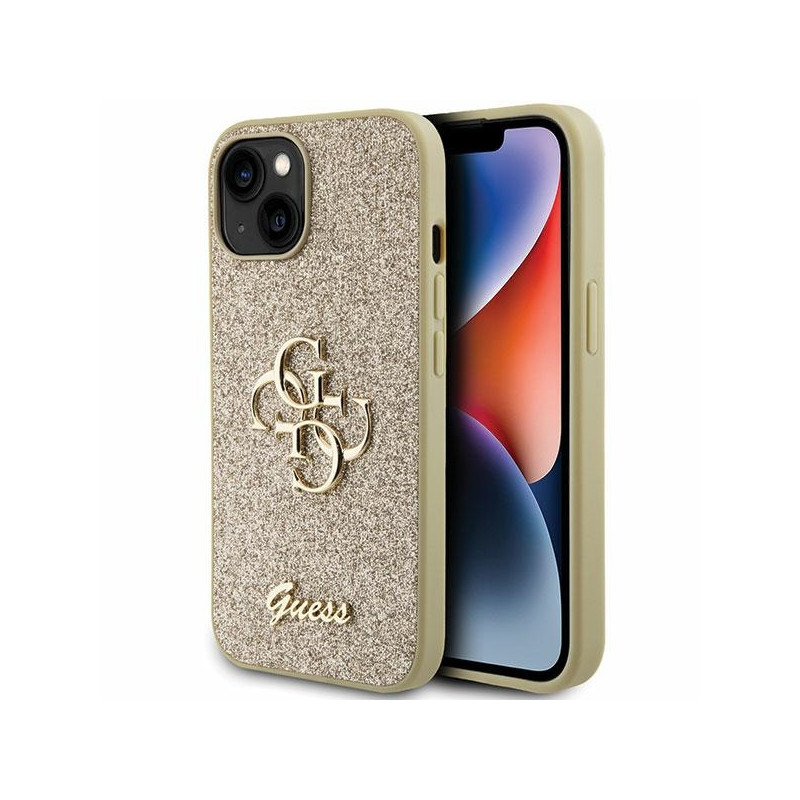 Guess Glitter Script Big 4G dėklas iPhone 15 - auksinis