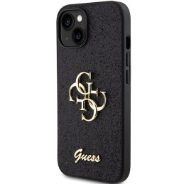 Guess Glitter Script Big 4G dėklas iPhone 15 - juodas
