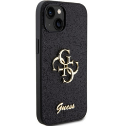 Guess Glitter Script Big 4G dėklas iPhone 15 - juodas