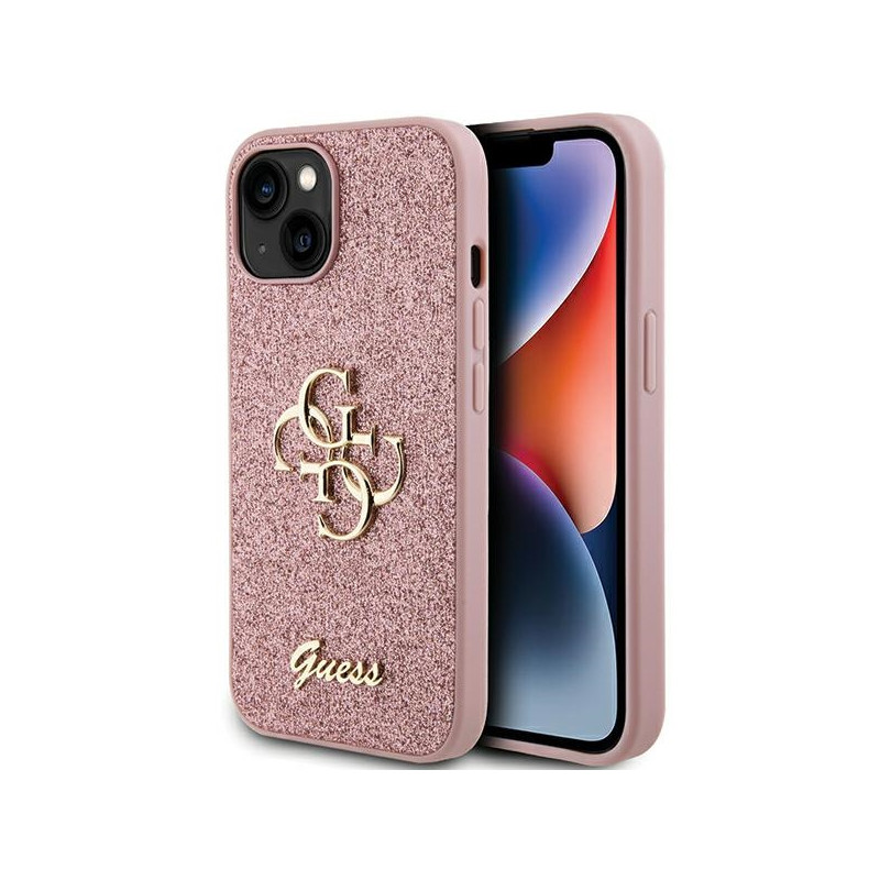 Guess Glitter Script Big 4G dėklas iPhone 15 - rožinis