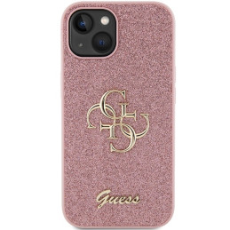 Guess Glitter Script Big 4G dėklas iPhone 15 - rožinis