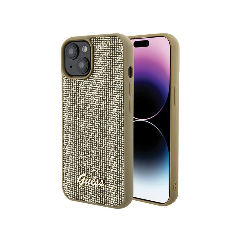 Guess Disco Metal Script dėklas iPhone 15 - auksinis