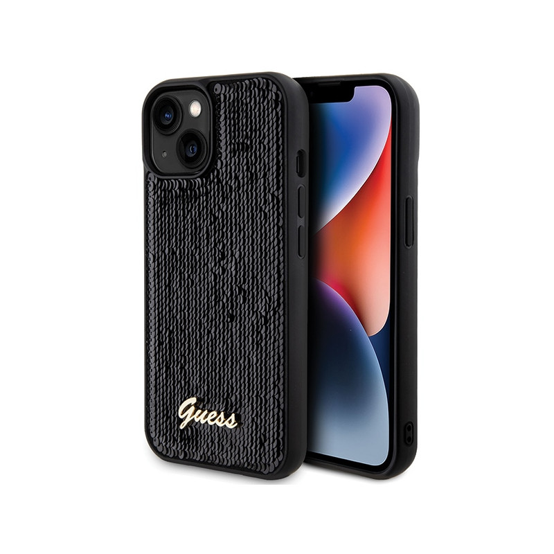 Guess Sequin Script Metalinis dėklas iPhone 15 - juodas