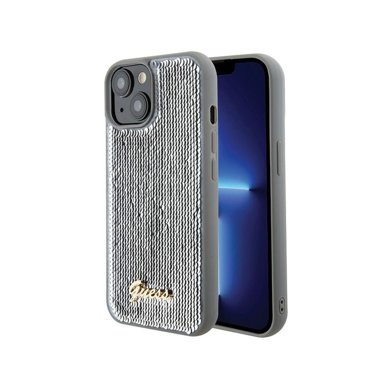 Guess Sequin Script Metalinis dėklas iPhone 15 - sidabrinis