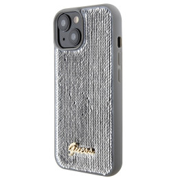 Guess Sequin Script Metalinis dėklas iPhone 15 - sidabrinis