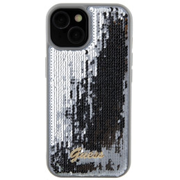 Guess Sequin Script Metalinis dėklas iPhone 15 - sidabrinis