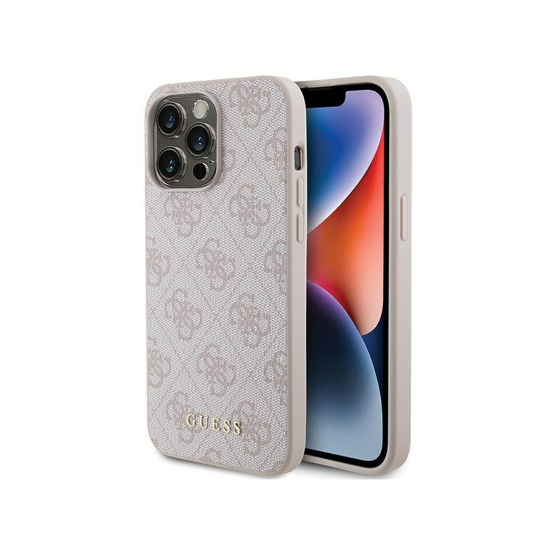 Guess 4G Metal Gold Logo dėklas, skirtas iPhone 15 Pro Max - rožinis