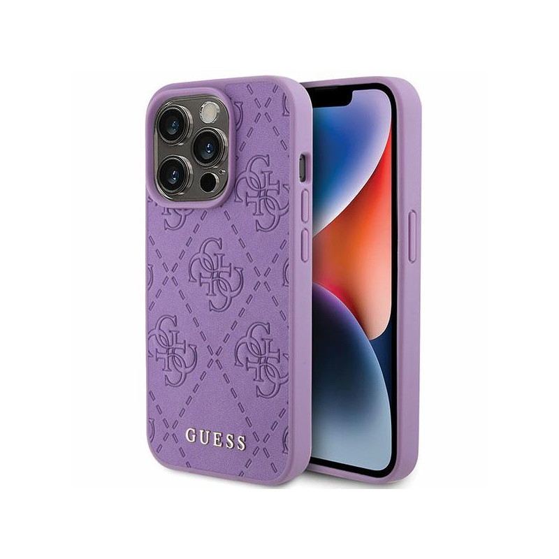 Guess Leather 4G štampuotas dėklas iPhone 15 Pro Max - violetinis