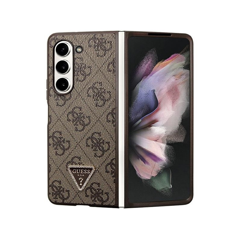 Guess Leather 4G Triangle Strass dėklas, skirtas Samsung Galaxy Z Fold 5 - rudas