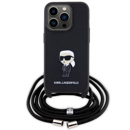 Karl Lagerfeld Crossbody Saffiano Monogram Metal Pin Karl & Choupette Dėklas, skirtas iPhone 15 Pro – juodas