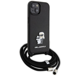 Karl Lagerfeld Crossbody Saffiano Metal Pin Karl&Choupette dėklas iPhone 15 Plus - juodas