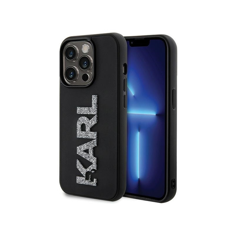Karl Lagerfeld 3D Rubber Glitter Logo dėklas, skirtas iPhone 15 Pro Max - juodas