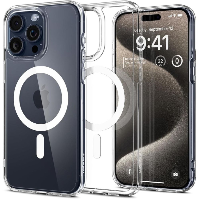 Spigen Ultra Hybrid Mag dėklas su MagSafe, skirtas iPhone 15 Pro Max - baltas