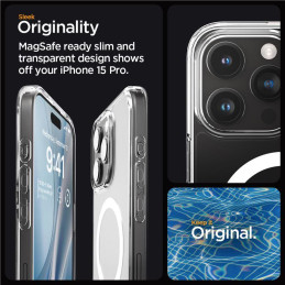 Spigen Crystal Hybrid MagSafe dėklas iPhone 15 Pro - skaidrus ir baltas