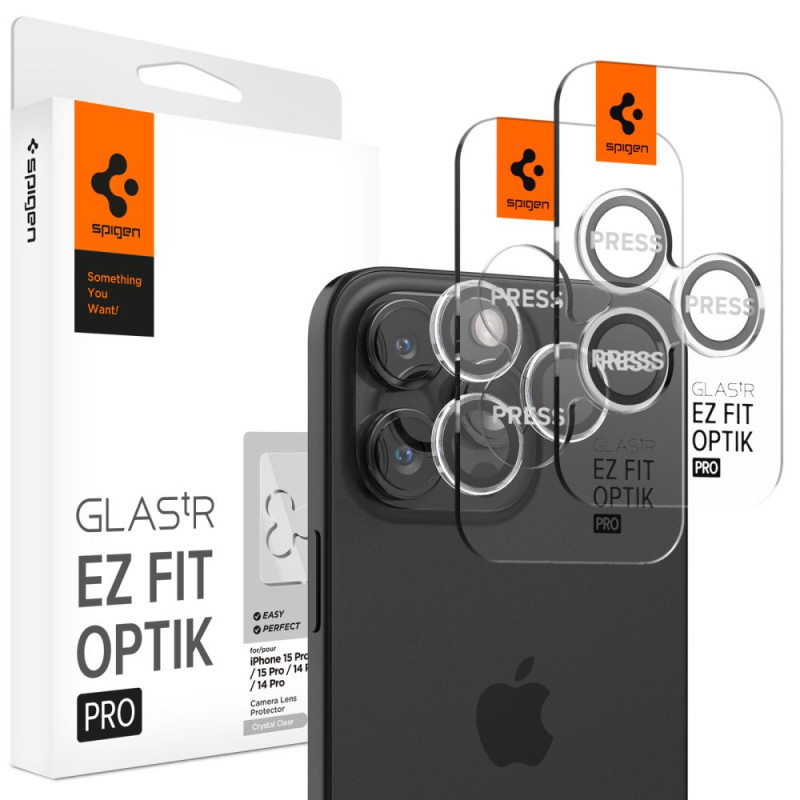 Spigen Glas.tR EZ Fit Optik Pro kameros dangtelis skirtas iPhone 15 Pro / 15 Pro Max / 16 Pro / 16 Pro Max - 2 vnt.