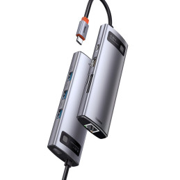HUB Baseus Metal Gleam 8in1 USB-C – USB-C PD 100W 1x HDMI 4K 30Hz 1x SD ir microSD kortelių skaitytuvas 3x USB-A 3.2 1xR...