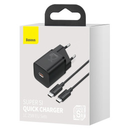 Baseus Super Si greitas tinklo įkroviklis Quick Charge 3.0 Power Delivery 25W 3A + Cable USB Type C - USB Type C 3A 1m b...