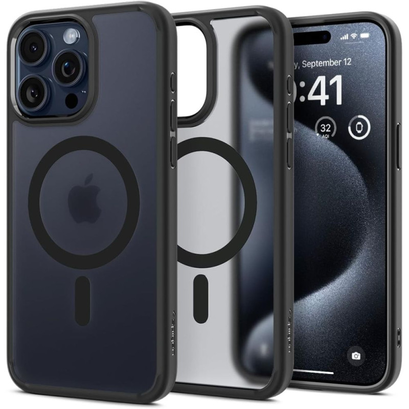 Spigen Ultra Hybrid Mag Dėklas su MagSafe, skirtas iPhone 15 Pro Max – skaidrus ir juodas