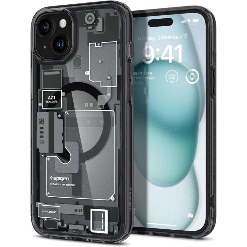 „Spigen Ultra Hybrid Mag“ dėklas su „MagSafe“, skirtas „iPhone 15“ – tamsiai pilkas (nulis vieno rašto)