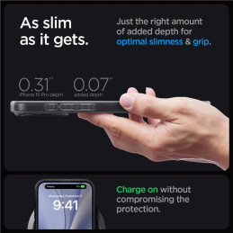 „Spigen Ultra Hybrid Mag“ dėklas su „MagSafe“, skirtas „iPhone 15 Pro“ – tamsiai pilka (nulio vieno raštas)
