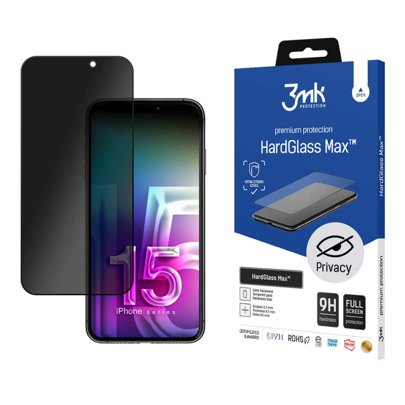 9H 3mk HardGlass Max Privacy™ privatumo stiklas, skirtas iPhone 15 Pro