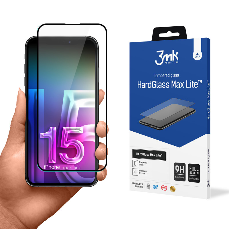 9H 3mk HardGlass Max Lite™ stiklas, skirtas iPhone 15 Plus