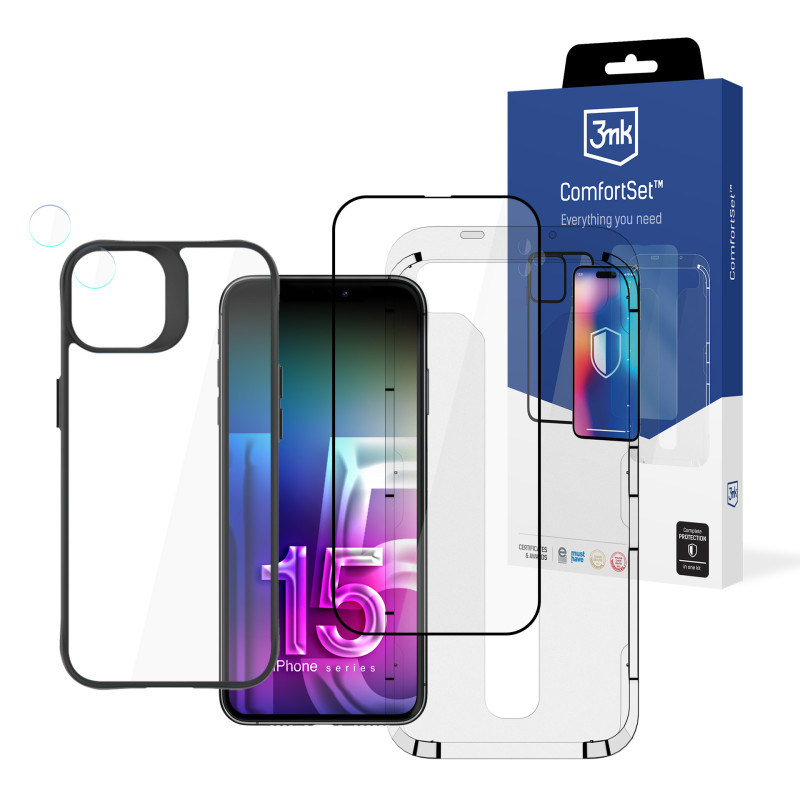 3mk Comfort Set 4 in 1, skirtas iPhone 15 – dėklas, 2x stiklas, aplikacijos rėmelis