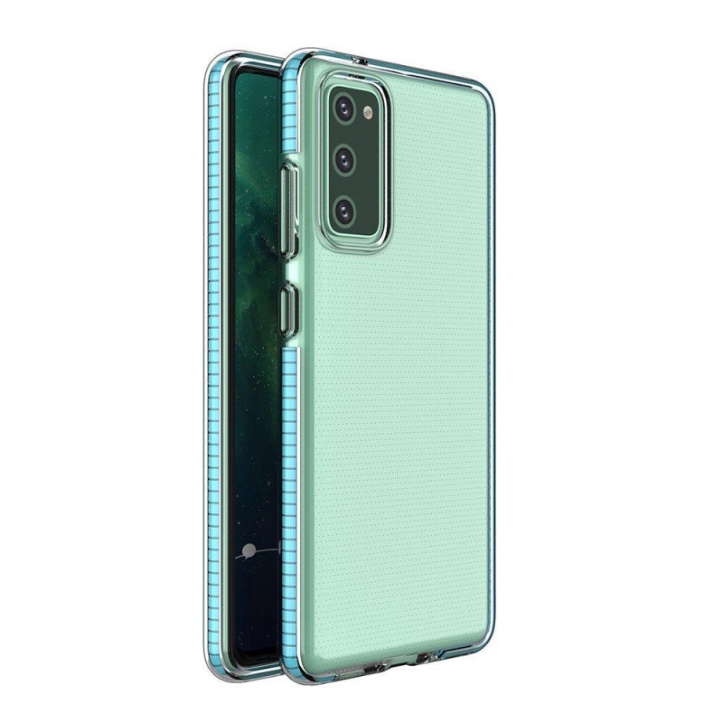 Spring Case padengtas gelio dėklas su spalvingu rėmeliu, skirtas Samsung Galaxy A72 4G šviesiai mėlynai